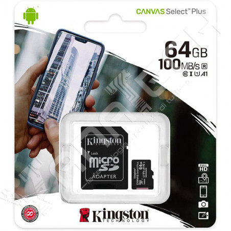 SCHEDA MICRO SD KINGSTON 64GB CANVAS SELECT PLUS SDCS2/64GB CLASSE 10 CON ADATTATPRE SD INCLUSO